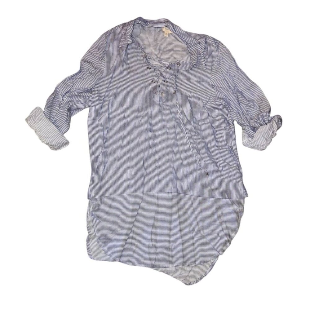 Blue & White Striped Button-Up Tunic Top By Cupio  M